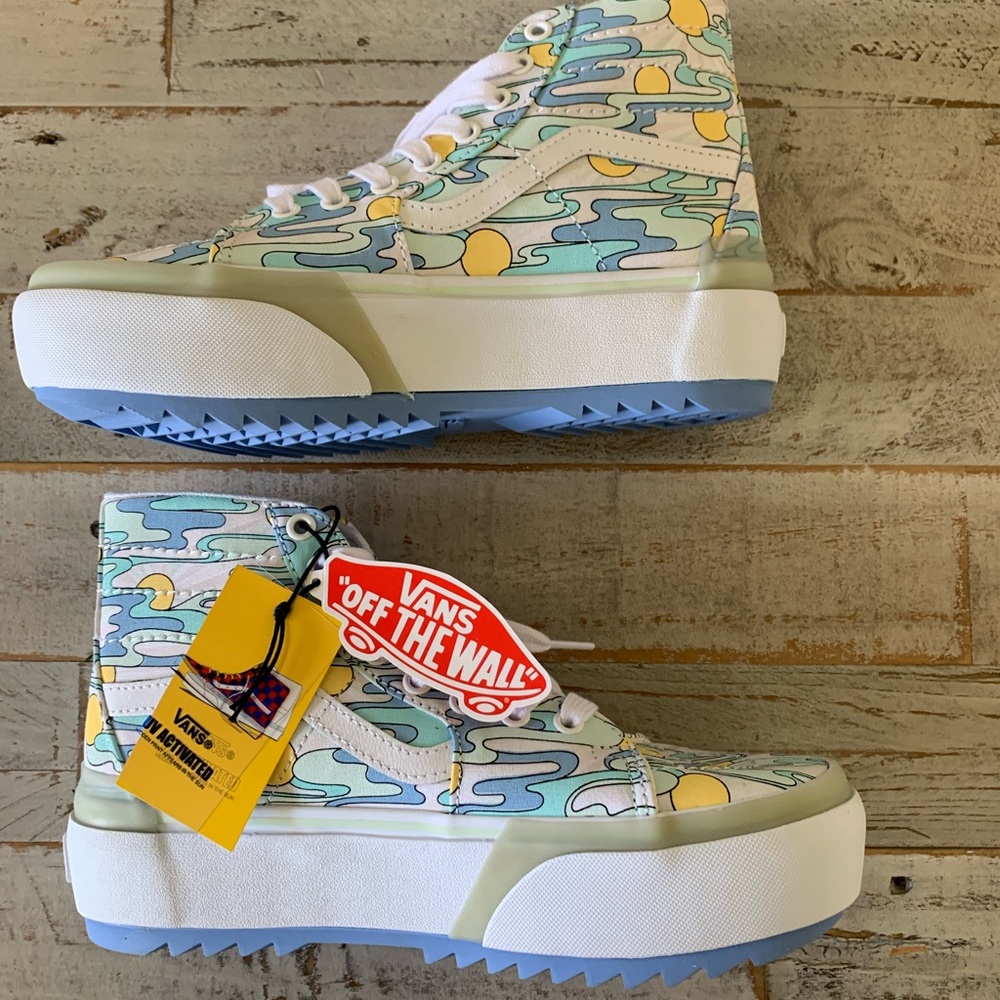 Vans Sk8-Hi Stacked Mint, Blue & Yellow Sunwaves Platform